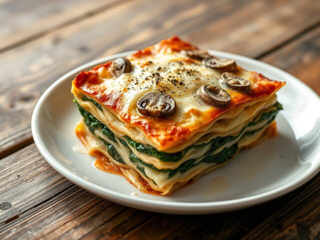 Lasagne met paddenstoelenbéchamel en spinazie