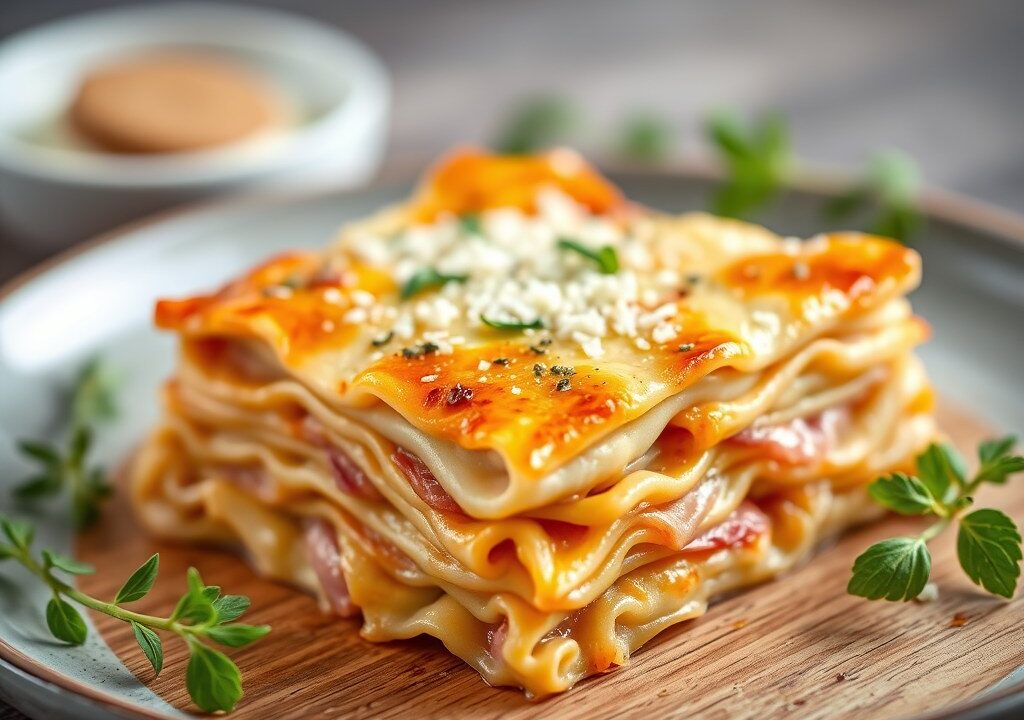 Lasagne met prei en ham, AI-gegenereerde illustratie