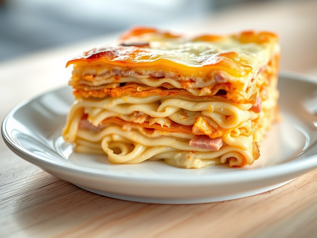 Lasagne met prei en ham, AI-gegenereerde illustratie