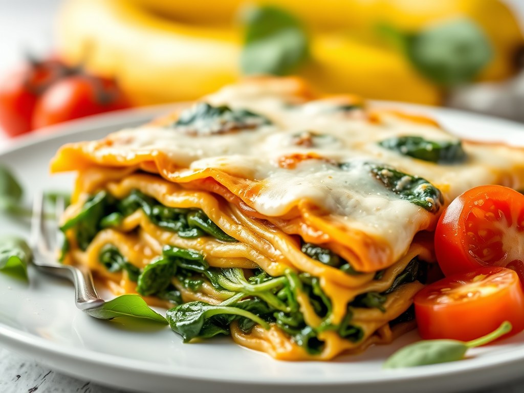 Lasagne met spinazie en bananen, AI-gegenereerde illustratie