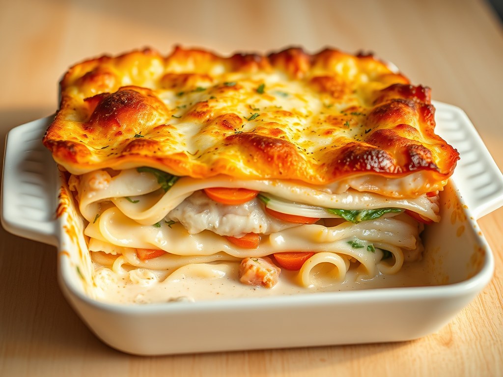 Lasagne met tongschar en zalm, AI-gegenereerde illustratie