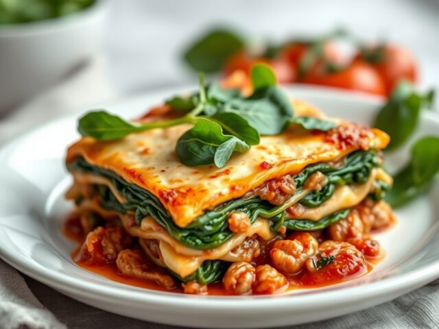 Lasagne met verse spinazie — AI-gegenereerde illustratie