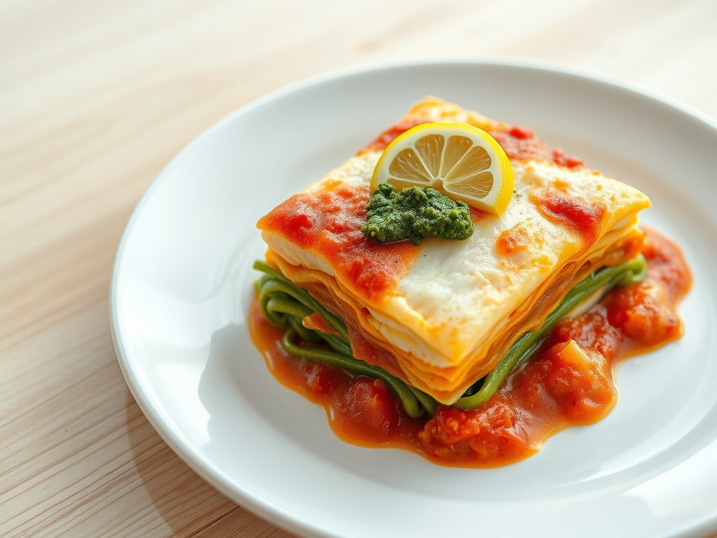 Lasagne met vis, AI-gegenereerde illustratie