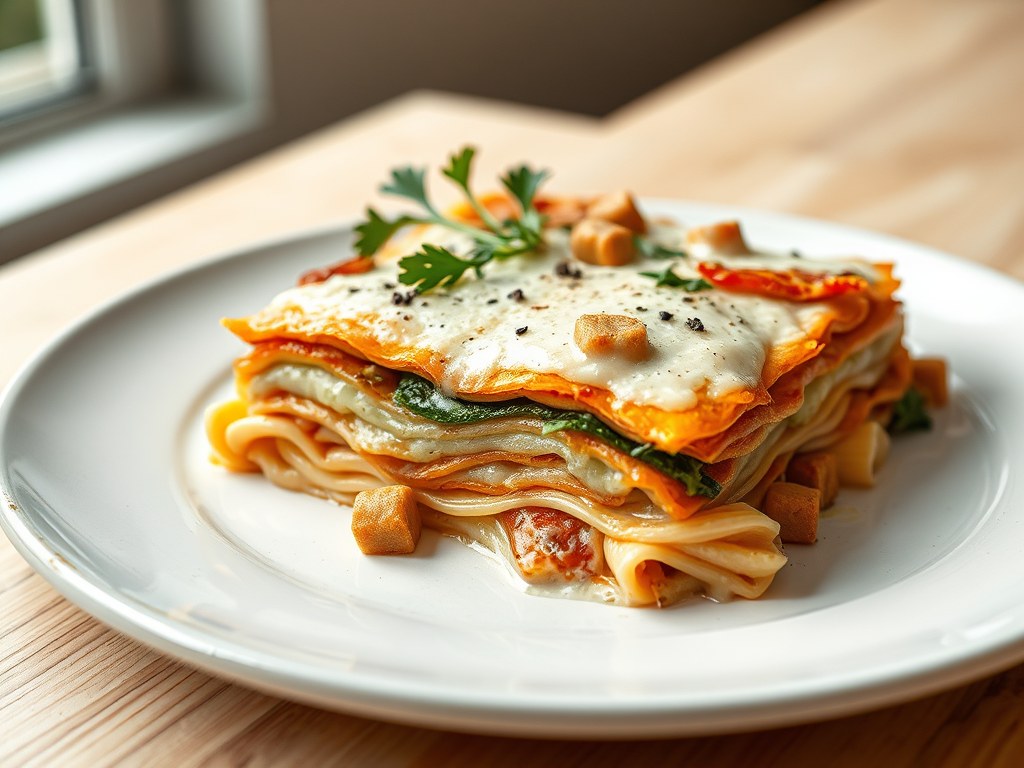 Lasagne met zalmforel en prei, AI-gegenereerde illustratie