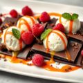 Lasagne van chocolade met vanilleroomijs en rozijnen