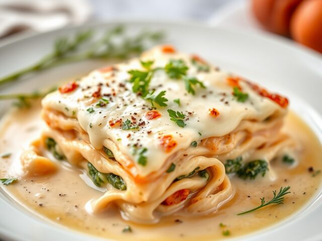 Lasagne van kip in roomsaus met groene groenten