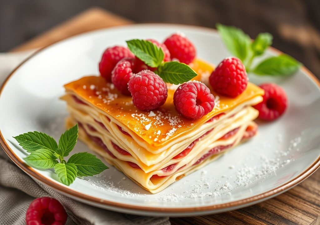 Lasagne van krokante tuiles met framboos — AI-gegenereerde illustratie