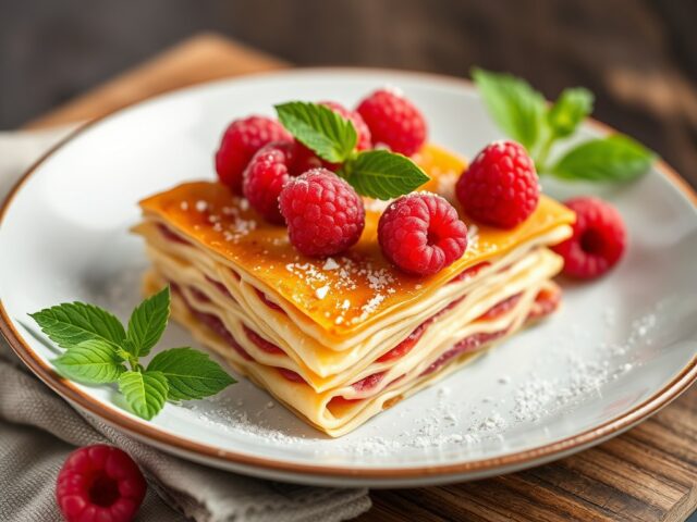 Lasagne van krokante tuiles met framboos — AI-gegenereerde illustratie