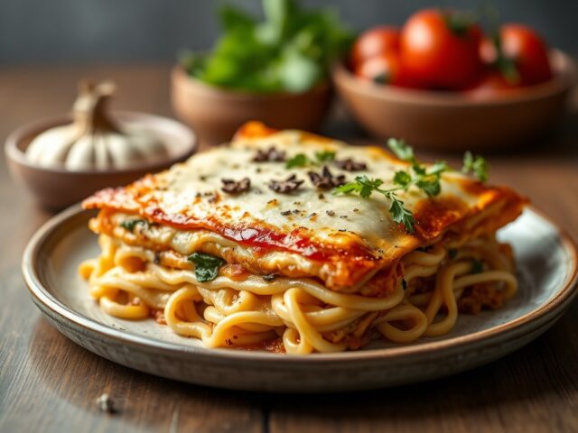 Lasagne van loempiavellen met kip en perzik