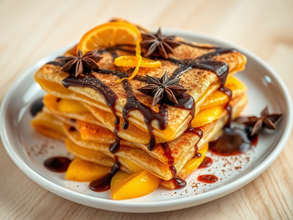 Lasagne van mango en mandarijn beignet met chocola, AI-gegenereerde illustratie
