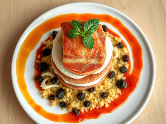 Lasagne van rode poon met Brugse Blomme, couscous en een coulis van paprika