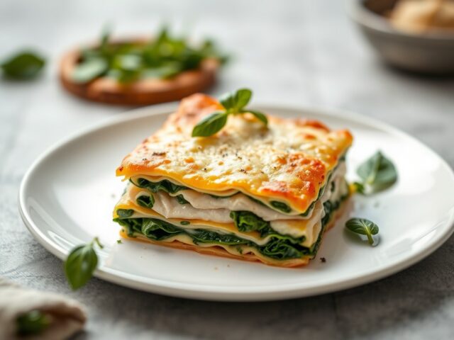 Lasagne verde met spinazie en kipfilet — AI-gegenereerde illustratie