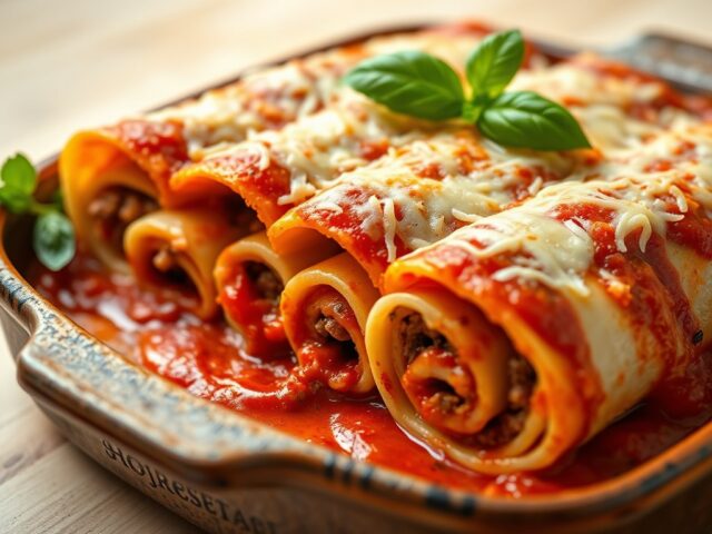 Lasagnerolletjes met gehakt en pesto