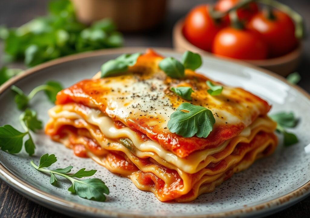 Lasagnette met mozzarella, tomaat en rucola, AI-gegenereerde illustratie