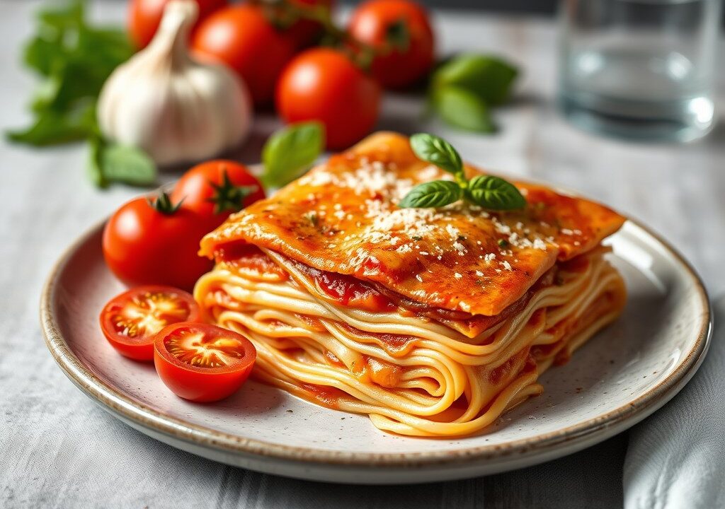 Lasagnette met tomaat en ansjovis, AI-gegenereerde illustratie