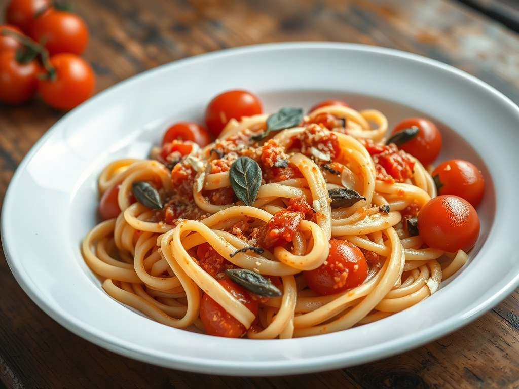 Lasagnette met tomaat en asjovis, AI-gegenereerde illustratie