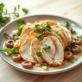 Lauw slaatje van kipfilet Val Dieu op carpaccio van kastanjechampignons