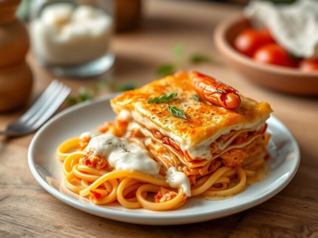 Lauw-warme lasagne van Canadese zeekreeft