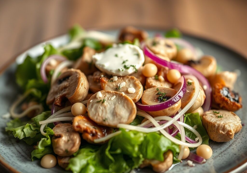 Lauw warme salade met kip etc., AI-gegenereerde illustratie