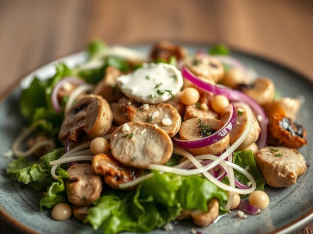 Lauw warme salade met kip etc. — AI-gegenereerde illustratie