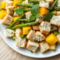 Lauwe aardappelsalade met kip, asperges en mango