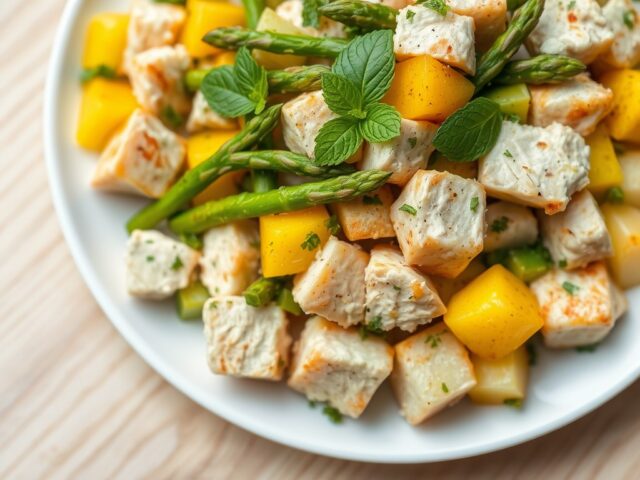 Lauwe aardappelsalade met kip, asperges en mango