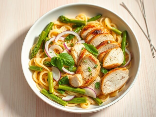 Lauwe pastasalade met asperges en gebraden kip