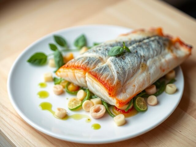 Lauwe roodbaars met zeekralen, citrusvruchten en basilicumolie