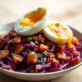 Lauwe vinaigrette van rodekool en zachtgekookt ei