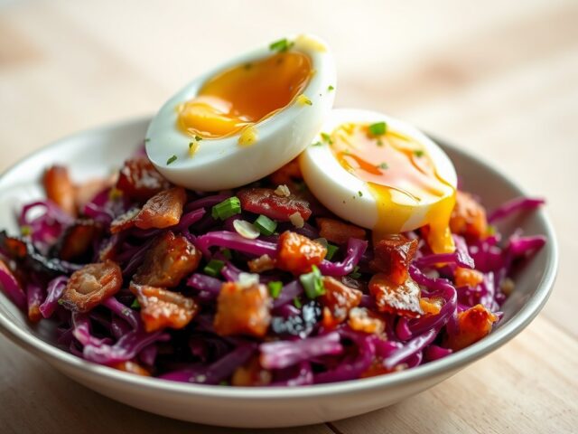 Lauwe vinaigrette van rodekool en zachtgekookt ei
