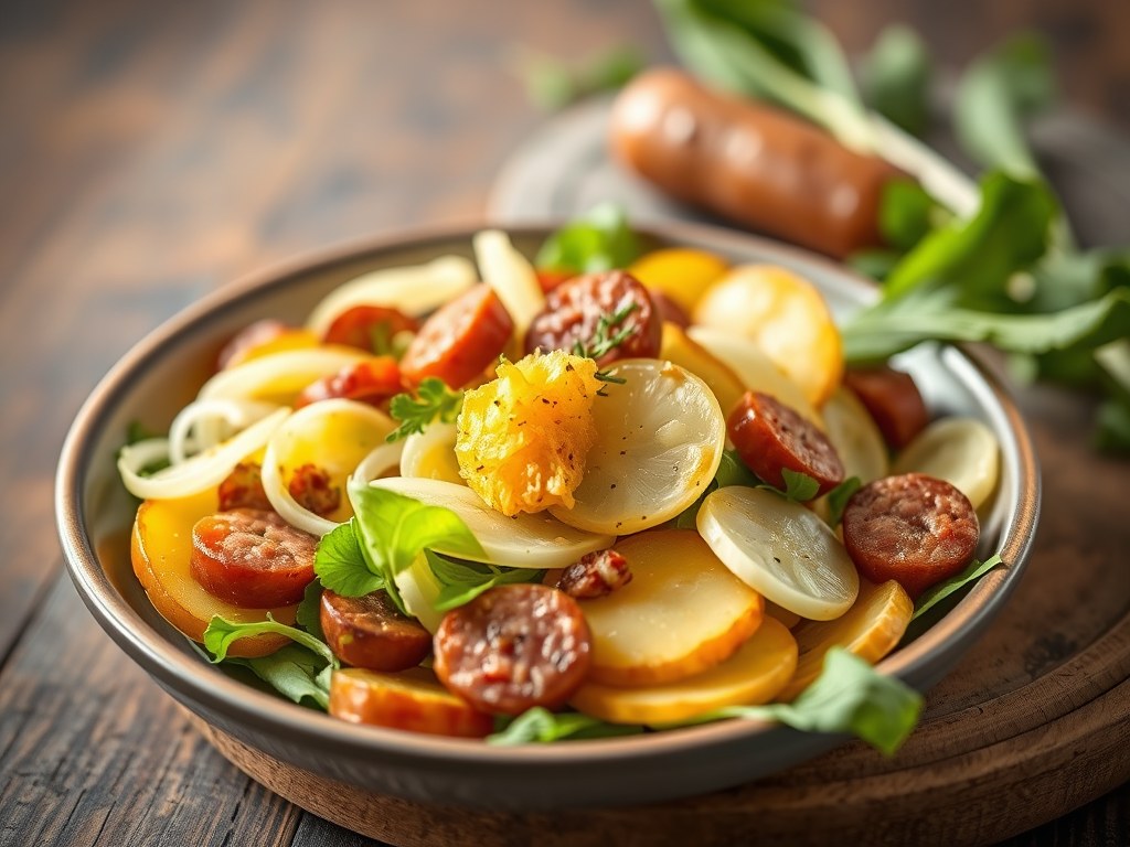Lauwwarme andijviesalade met rookworst, AI-gegenereerde illustratie