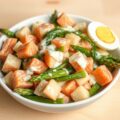 Lauwwarme aspergesalade met asperges en zalm