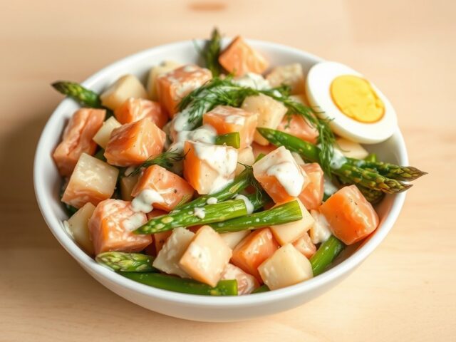 Lauwwarme aspergesalade met asperges en zalm