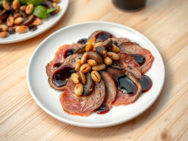 Lauwwarme carpaccio van gerookte eendenborstfilet