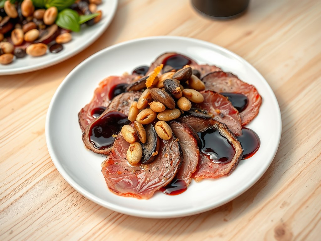 Lauwwarme carpaccio van gerookte eendenborstfilet, AI-gegenereerde illustratie