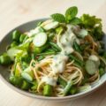 Lauwwarme groene salade met saus van kokos en munt