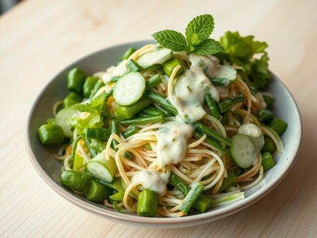 Lauwwarme groene salade met saus van kokos en munt