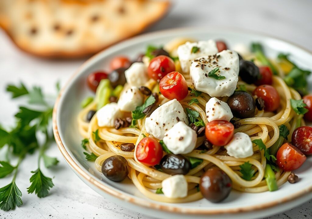 Lauwwarme linzensalade met geitenkaas, AI-gegenereerde illustratie
