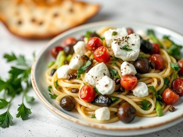 Lauwwarme linzensalade met geitenkaas — AI-gegenereerde illustratie