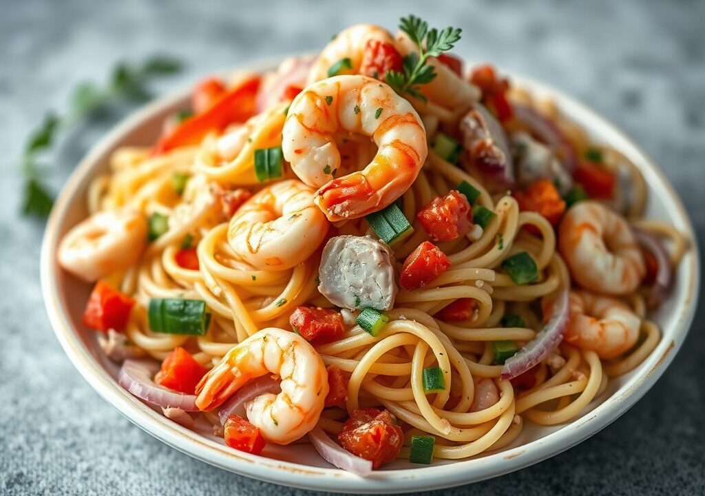 Lauwwarme pastasalade met garnalen en tonijn….., AI-gegenereerde illustratie