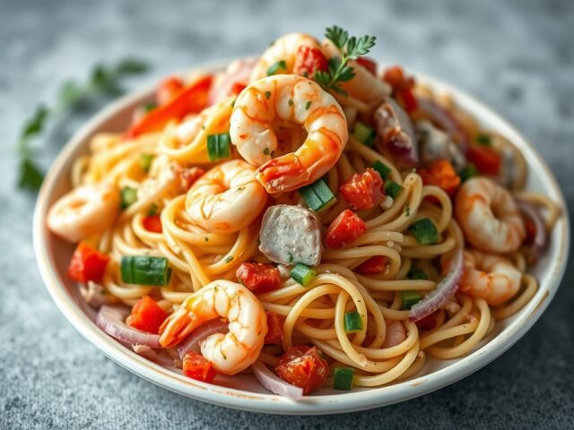 Lauwwarme pastasalade met garnalen en tonijn….. — AI-gegenereerde illustratie