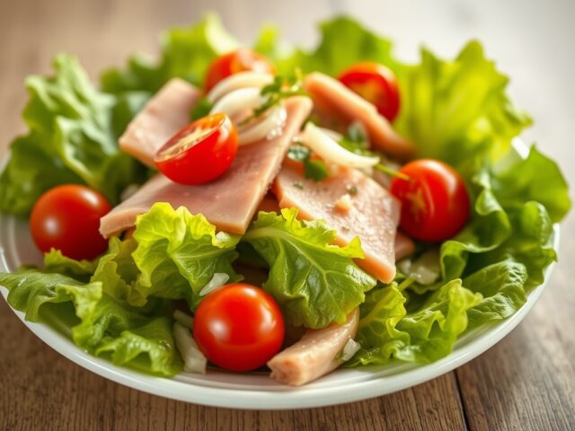 Lauwwarme salade met beenham en cherrytomaatjes — AI-gegenereerde illustratie
