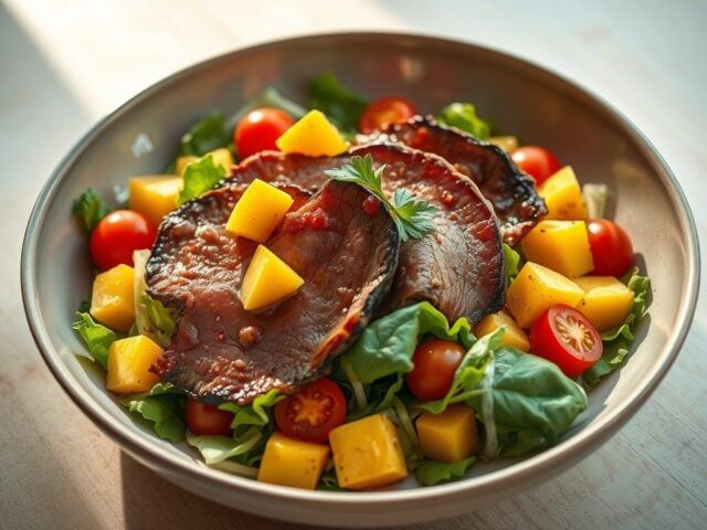 Lauwwarme salade met kalfslever en mango