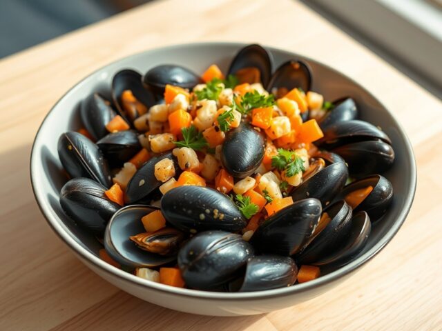 Lauwwarme salade van mosselen met een (zieopm)