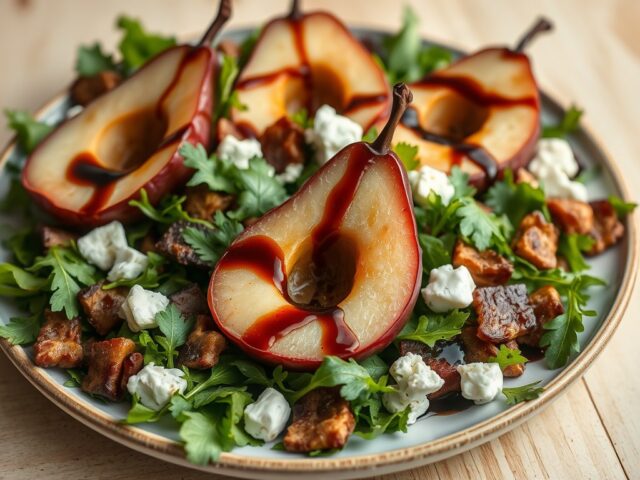 Lauwwarme salade van stoofpeertjes
