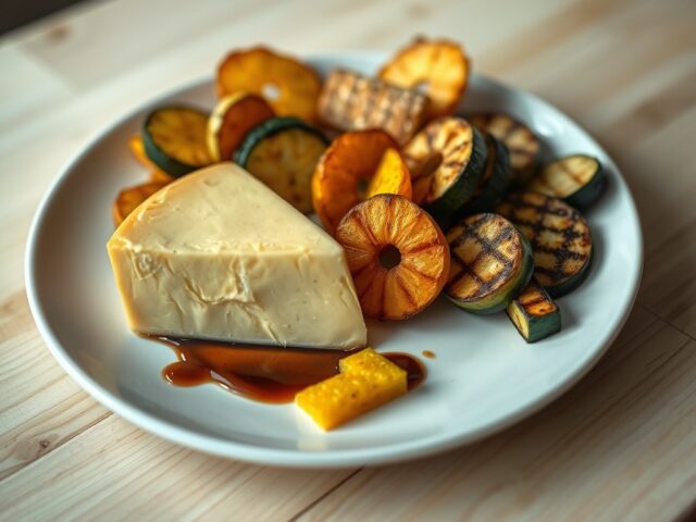 Lauwwarme taleggio met gegrilde courgette en gebak