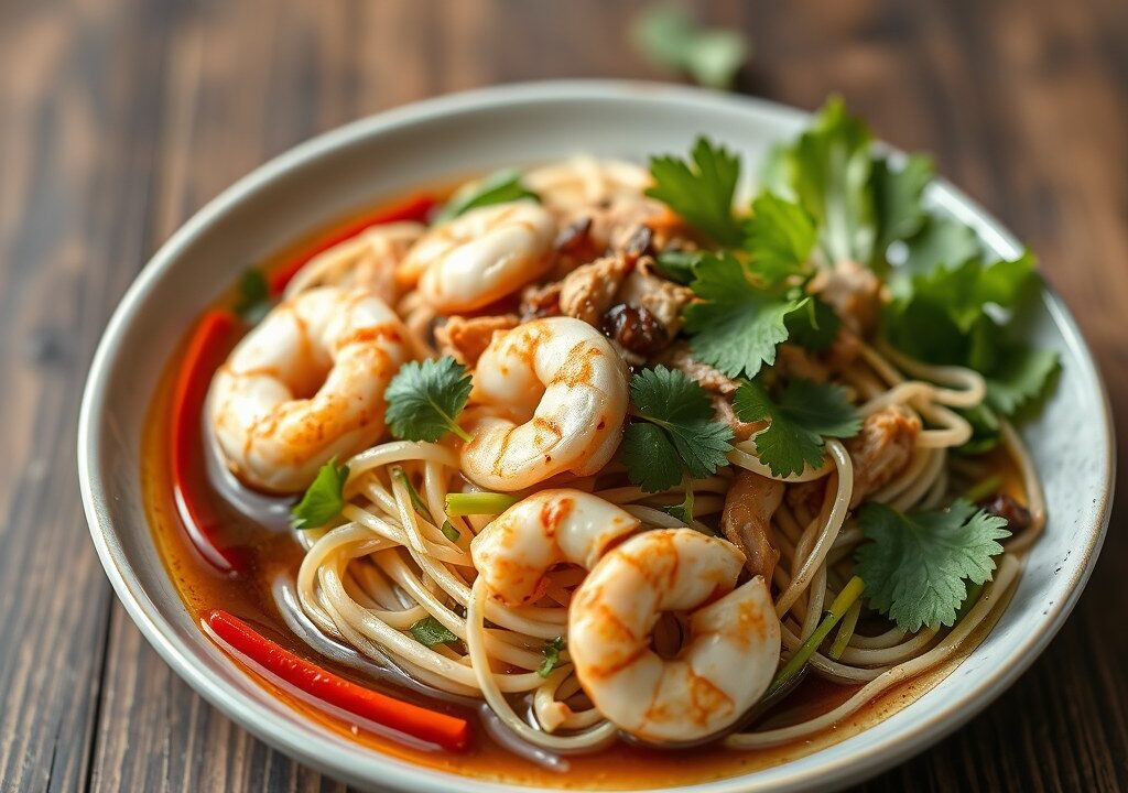 Lauwwarme Thaise salade met garnalen en kip — AI-gegenereerde illustratie