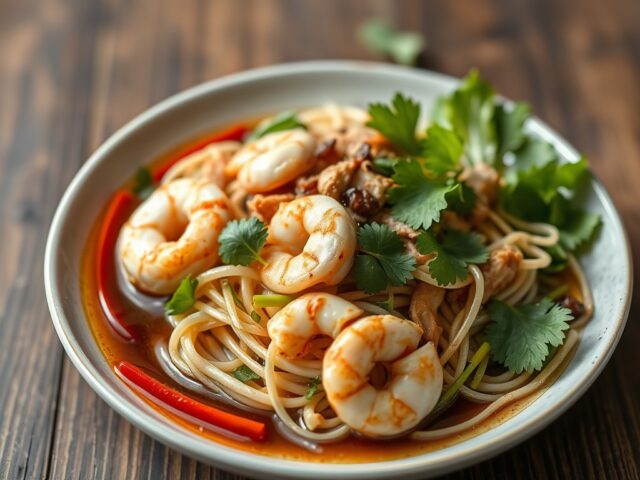 Lauwwarme Thaise salade met garnalen en kip — AI-gegenereerde illustratie