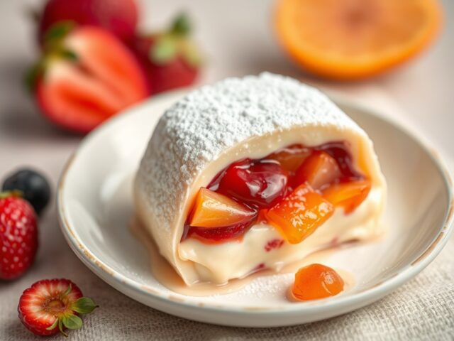 Le nougat glacé aux fruits confits, sauce à l’oran
