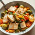 Leng in de wok met spruiten, peulvruchten, tomaat en soja